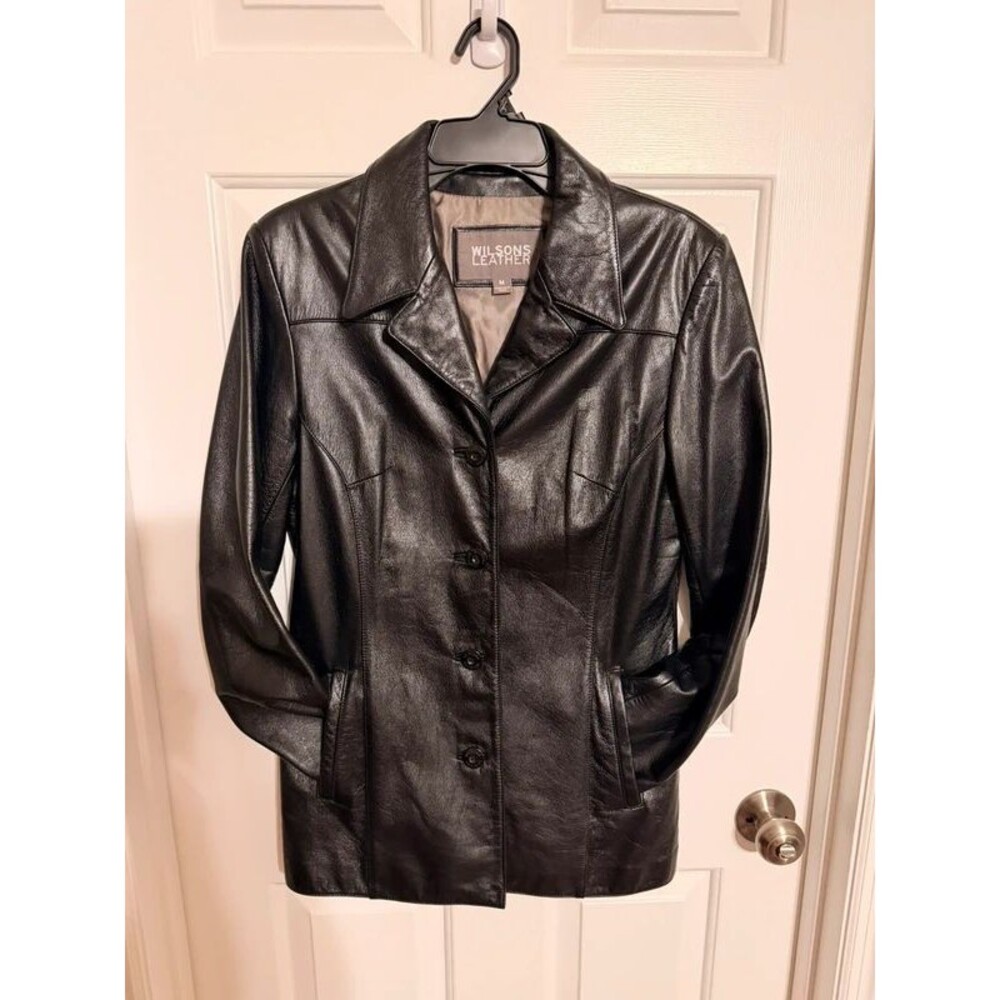 Wilsons Leather Women's Black Genuine Leather Button-Front Jacket Blazer